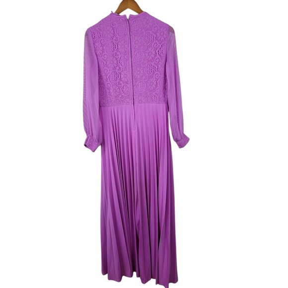 Vintage 60s 70s Jacket Dress Set Medium Large Hostess Pleated Skirt Lace Purple - Picture 5 of 12